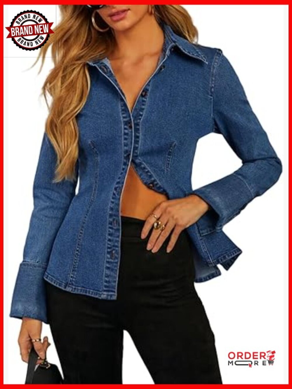 Slim Fitted Button Down Denim Shirt Long Sleeve V Neck Lightweight